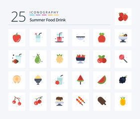 Summer Food Drink 25 Flat Color icon pack including summer. salad. sushi. fruit. food