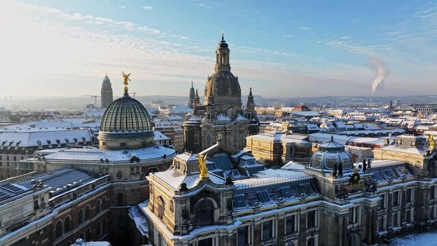 Church Frauenkirche in the Winter. Drone move forward