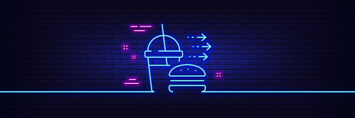 Neon light glow effect. Food delivery line icon. Cheeseburger with Soft drink sign. Catering service symbol. 3d line neon glow icon. Brick wall banner. Food delivery outline. Vector