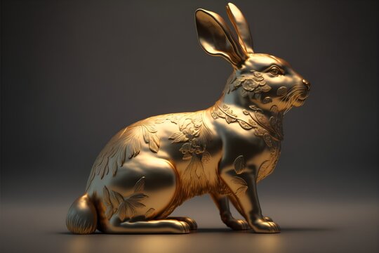 Chinese New Year greetings with the gornate vitage gold zodiac symbol of the gold rabbit on isolated brownish black background. generative AI