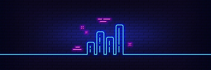 Neon light glow effect. Graph line icon. Column chart sign. Growth diagram symbol. 3d line neon glow icon. Brick wall banner. Graph chart outline. Vector