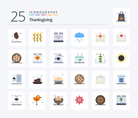 Thanksgiving 25 Flat Color icon pack including thanksgiving. rain. millet. cloud. roasted turkey