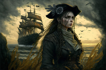 female pirate captian waiting for her pirate boat - obrazy, fototapety, plakaty