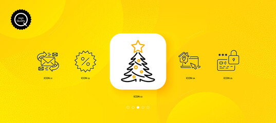 Lock, Christmas tree and Work home minimal line icons. Yellow abstract background. E-mail, Discount icons. For web, application, printing. Blocked credit card, Spruce, Outsource work. Vector