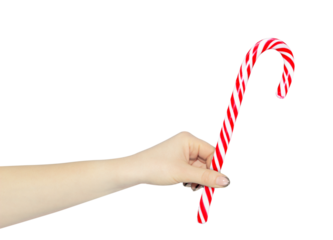 outstretched hand with christmas candy, give a lollipop