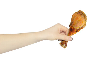 outstretched hand with chicken leg, eat meat, pass fried chicken thigh