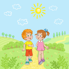 Obraz na płótnie Canvas Funny boy and cute girl are walking along the road and talking. In cartoon style. Summer landscape background. Vector illustration