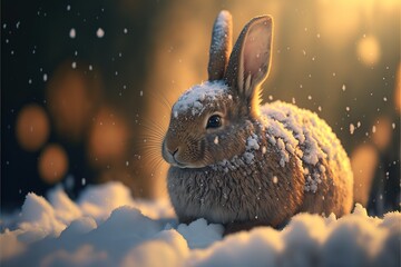 cute bunny rabbit in snow, beautiful bunny in snow, bokeh background, cinematic lighting, rabbit in winter
