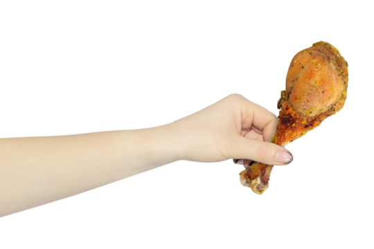 outstretched hand with chicken leg, eat meat, pass fried chicken thigh