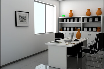 Beautiful and modern design of office with furniture (e.g. chairs, desk, computer); could also be someone's home or living space.