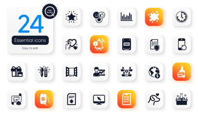 Set of Business flat icons. Data security, Bar diagram and Success business elements for web application. Engineering plan, Teamwork, Time icons. Creativity, Like, Rank star elements. Vector