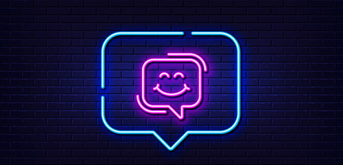 Neon light speech bubble. Smile chat line icon. Happy emoticon sign. Speech bubble symbol. Neon light background. Smile chat glow line. Brick wall banner. Vector