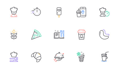 Food app, Recipe book and Ice cream line icons for website, printing. Collection of Food, Cocktail, Cashew nut icons. Pizza, Chef, Takeaway coffee web elements. Cooking chef. Vector