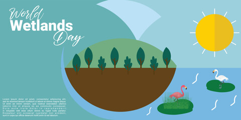 Naklejka premium World Wetlands Day theme. Postcard or banner with a map cut out in paper, the branches of reeds and reminding an inscription. The date of the event is 2 February. Vector illustration.