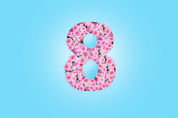 Pink flowers chamomile curtains shape 8 on a blue background. Happy 8 March, cool idea. World Women's Day, Concept