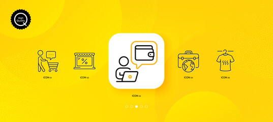 Fototapeta na wymiar Dry t-shirt, Buyer think and Wallet minimal line icons. Yellow abstract background. Market, Businessman case icons. For web, application, printing. Laundry shirt, Shopping cart, Online money. Vector