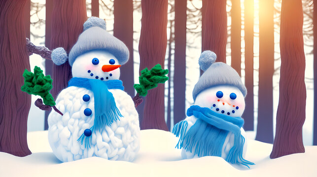 Cartoon snowman made of wool and thread