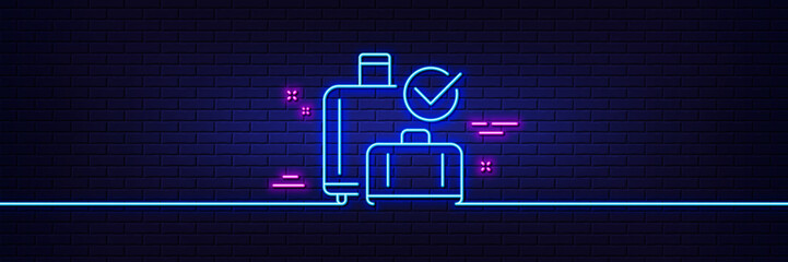 Neon light glow effect. Airport baggage reclaim line icon. Airplane check in luggage sign. Flight checked bag symbol. 3d line neon glow icon. Brick wall banner. Baggage reclaim outline. Vector