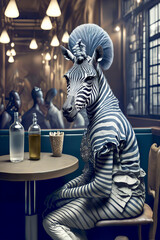 Fototapeta na wymiar Zebra sits in cafe like a man