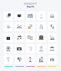 Creative Map Pin 25 Flat icon pack  Such As cup. coffee. school. open. message