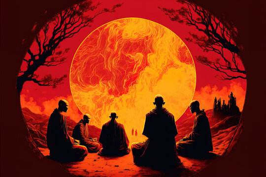 Buddhist monks meditating in the forest at sunrise having spiritual awakening. Generative AI