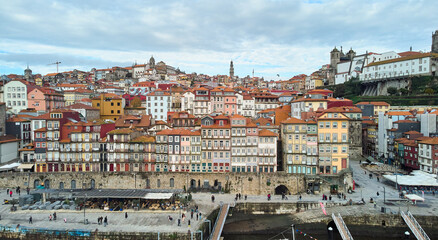Porto, Portugal - 12.25.2022: Aerial view of the old city of Porto. Portugal old town ribeira...