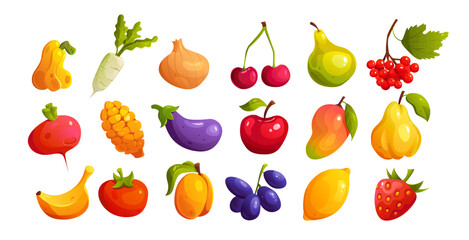 Set of Fruit, Vegetable and Berrie Isolated. Trendy Cartoon Drawing of Pumpkin, Daikon, Onion, Cherry, Pear, Viburnum, Radish, Corn, Eggplant, Tomato. Wholesome healthy eating.