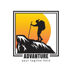 Vector illustration hiking logo. Ikon person who has a hobby of mountain climbing or hiking.