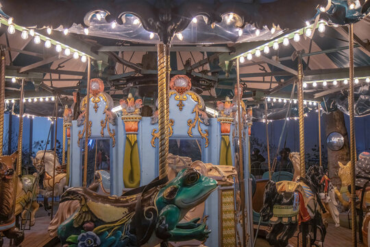 Ornate wooden merry-go-round carousel at night, carved wooden horses and frog, lights, mirror, nobody