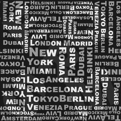 Surface seamless pattern with names of big cities - black and white version. Vector illustration
