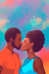 AI-Generated Image of an African American Couple in Love. Watercolor Portrait 