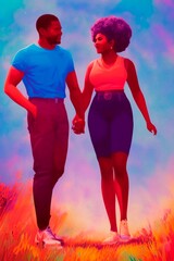 AI-Generated Image of an African American Couple in Love. Watercolor Portrait 