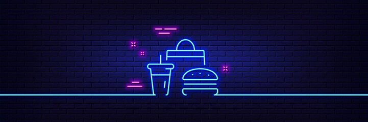 Neon light glow effect. Food delivery line icon. Meal order sign. Fast food symbol. 3d line neon glow icon. Brick wall banner. Fast food outline. Vector