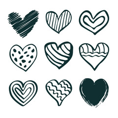 Set of unique hand drawn hearts. Design elements, coloring