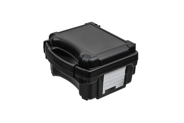 Black plastic container with foam inside for safe storage and transportation of fragile and expensive items. Sturdy plastic case. Isolate on a white back.