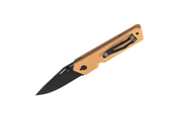 Pocket folding knife isolate on white back. Compact metal sharp knife with a folding blade.