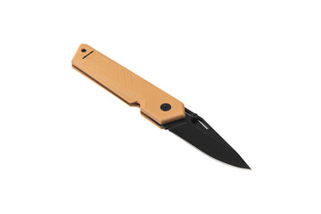 Pocket folding knife isolate on white back. Compact metal sharp knife with a folding blade.