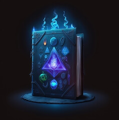 Alchemy book with several medieval fantasy glowing symbols.