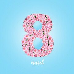 Obraz na płótnie Canvas Beautiful Pink chamomile flowers and curtains grow from the number 8 on a blue background. Happy March 8, creative idea. Happy Women's Day, Concept