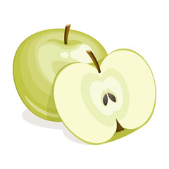 Green apple with slice isolated on white background. Vector illustration