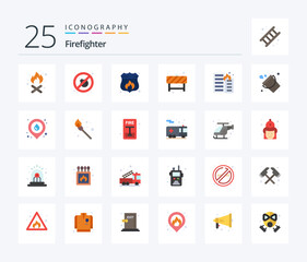 Firefighter 25 Flat Color icon pack including house. fire. shield. burning. road