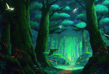 Anime Painting Of A Magical Forest With Beautiful Trees And Flowers. Generative AI Illustration