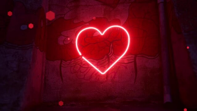 Red neon heart flashes on a large wall with a flower pattern. Red rhombus-shaped particles fly around. 