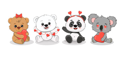 Cute cartoon polar bear cub,panda,koala,teddy bear with a hearts for your disign. Valentine's day card. 