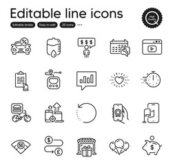 Set of Business outline icons. Contains icons as Drop counter, 5g wifi and Car leasing elements. Cooking timer, Piggy bank, Spanner web signs. Gift shop, Heart, Video content elements. Vector