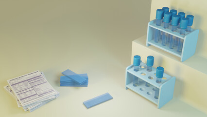 3D render with medical flasks, test tubes for analysis. Concept illustration for designs on the theme of analyzes, laboratories and medical research. Background for medical text.