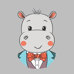 Cute hippo boy face with bow tie. Hand drawn vector illustration