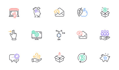 Market seller, Stress and Settings line icons for website, printing. Collection of Apple, Loyalty points, Employees messenger icons. Best buyers, New mail, Refresh bitcoin web elements. Vector