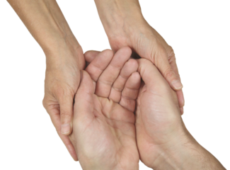 Female care worker hands gently cupped around male cupped hands transparent png file