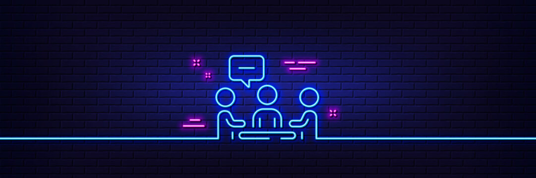 Neon light glow effect. People chatting line icon. Business seminar sign. Job meeting symbol. 3d line neon glow icon. Brick wall banner. People chatting outline. Vector